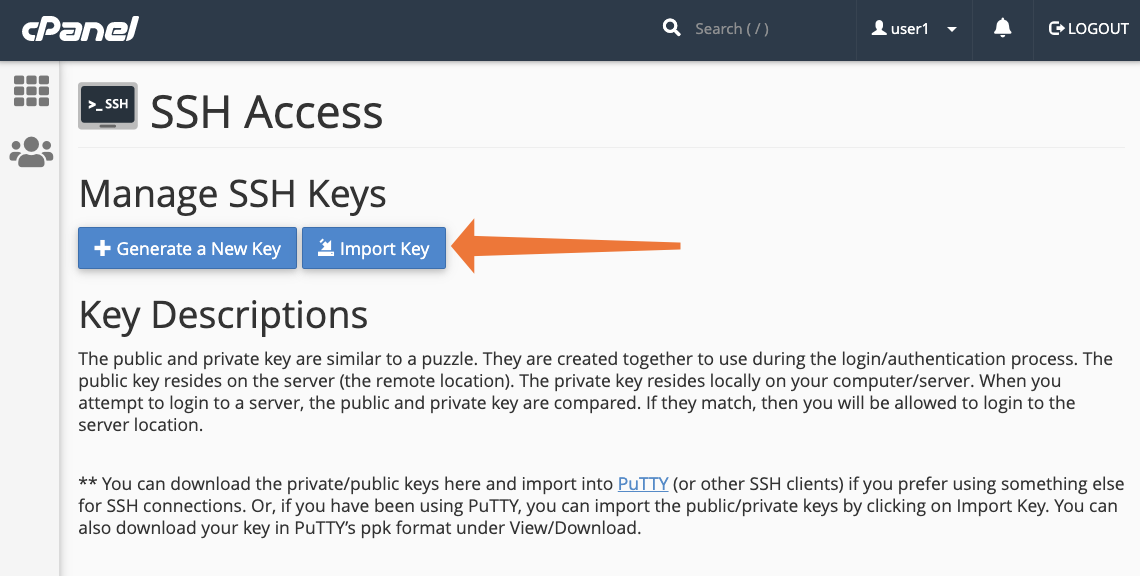 cPanel Import SSH Key