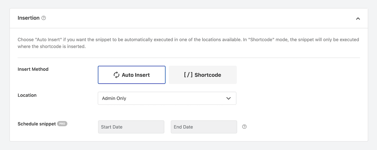 WPCode Snippet Insertion Settings