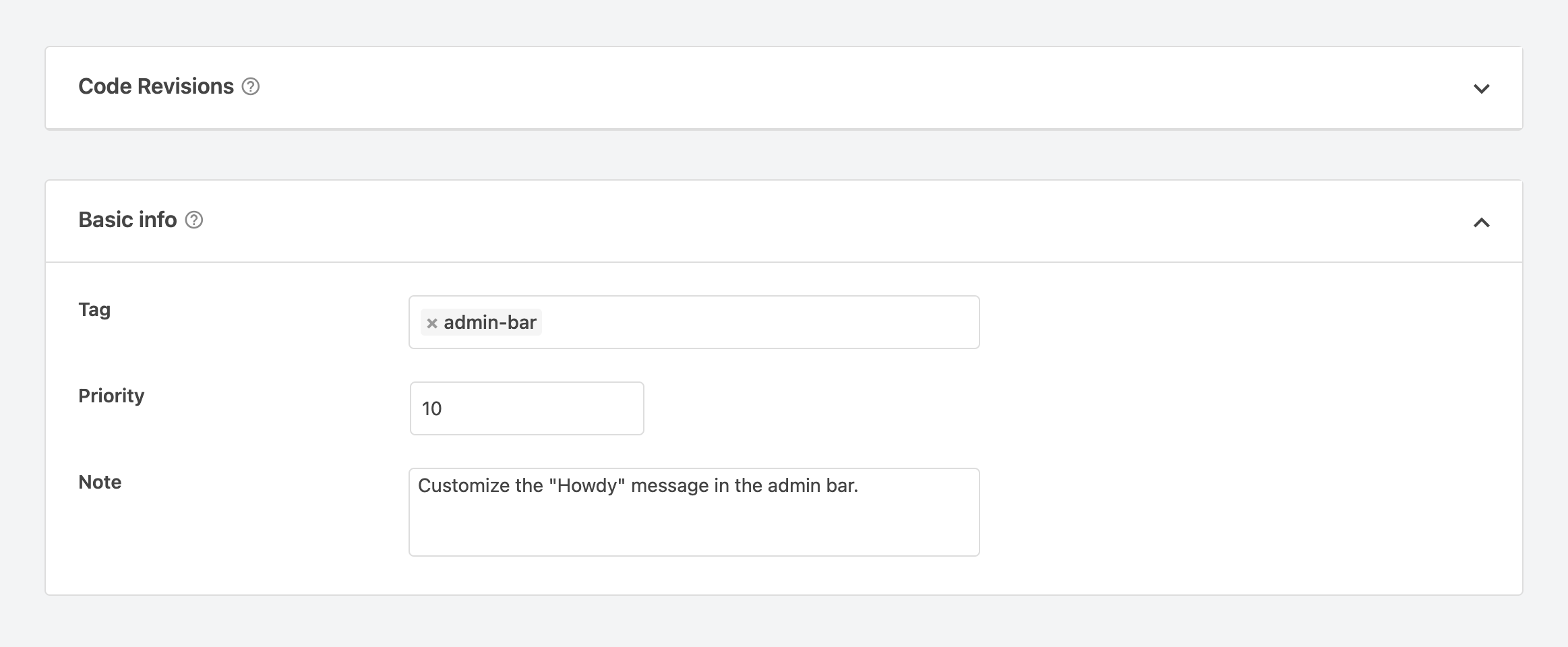 WPCode Snippet Basic Info Settings