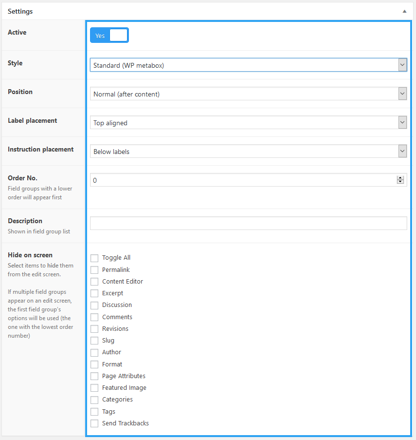 Settings
The custom fields 