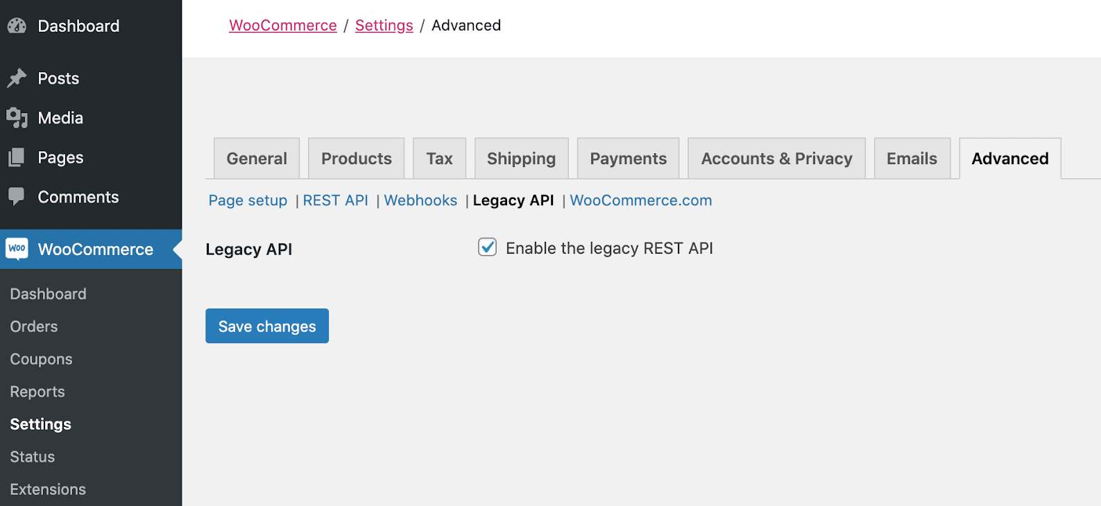 Enable the legacy REST API in the WooCommerce settings