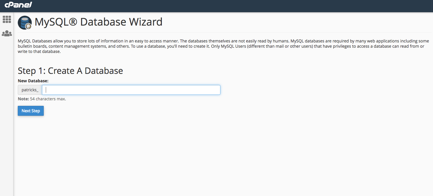 This image shows the MySQL Database Wizard