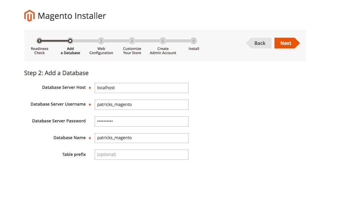 This image shows the "add a database" step of the Magento installer