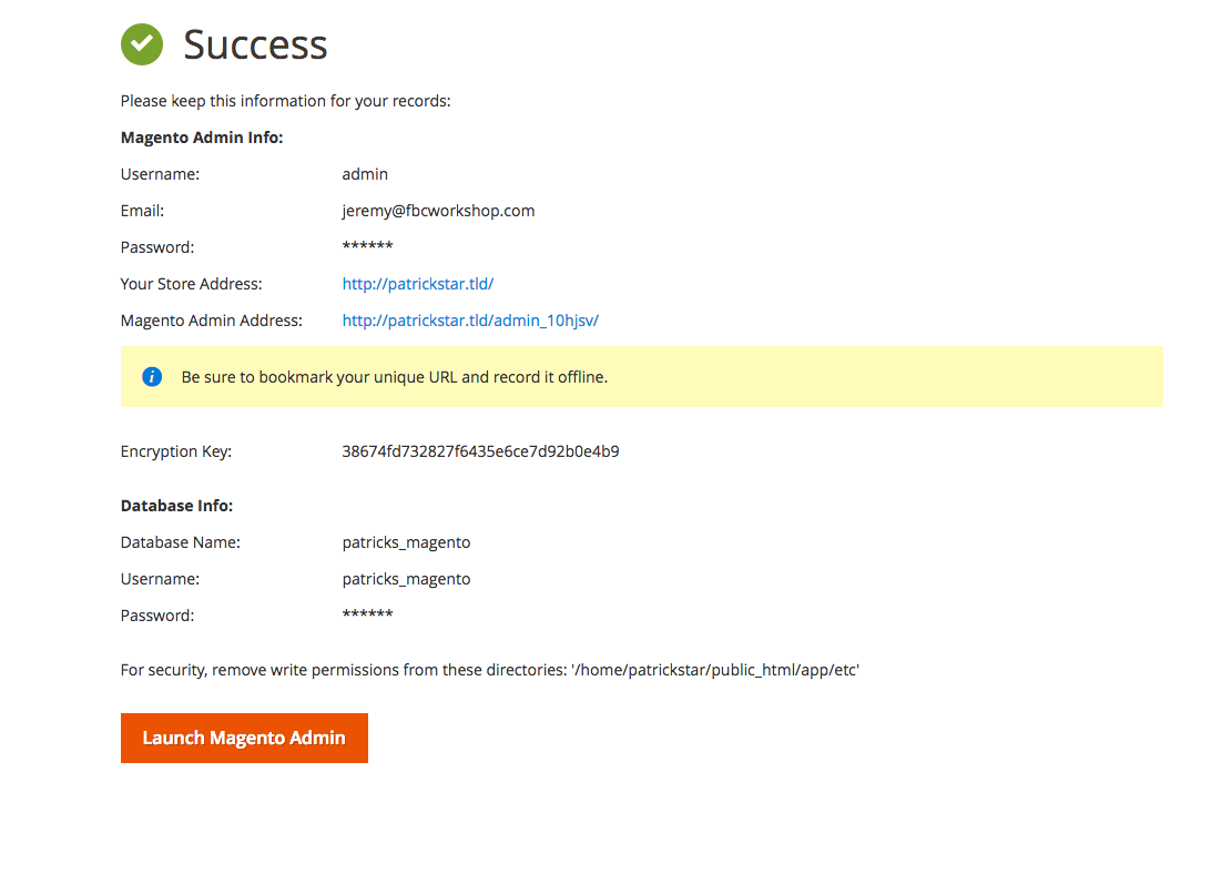 This image is the Magento installer showing a successful installation.
