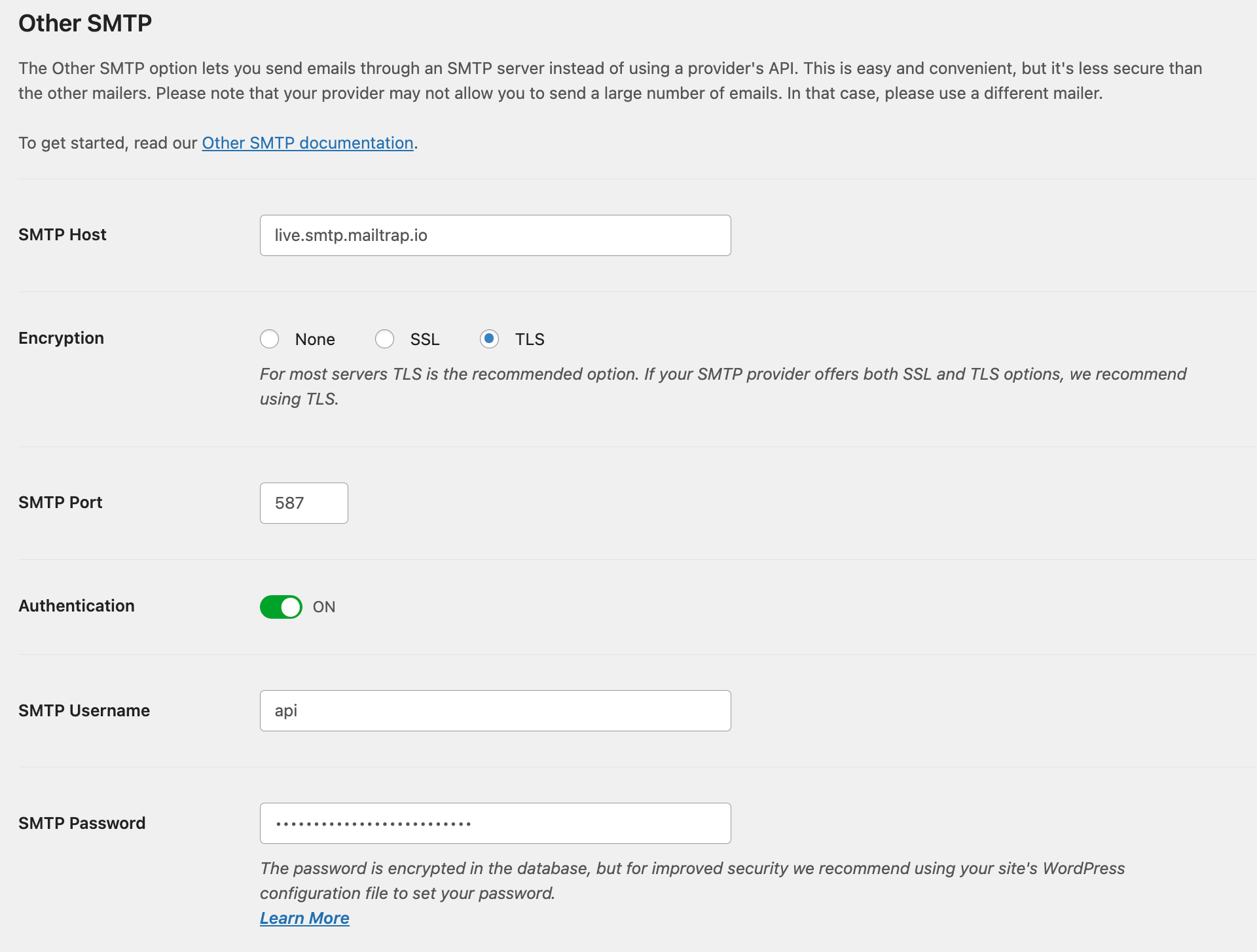 Mailtrap SMTP Settings