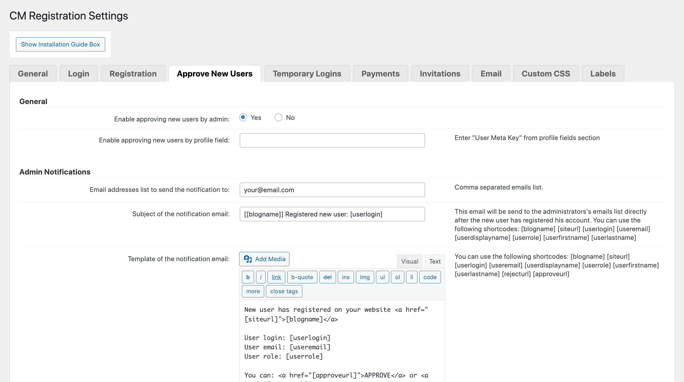 CM Registration Pro: Settings Approve Users